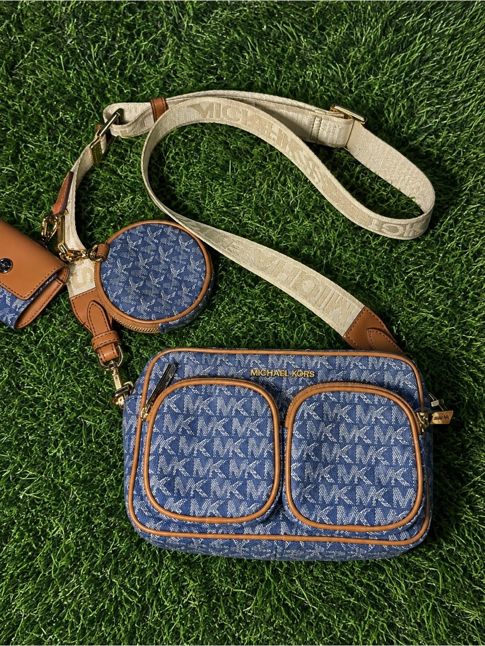 Michael Kors Blue Signature MK Crossbody with Tan Trim and Cream Strap